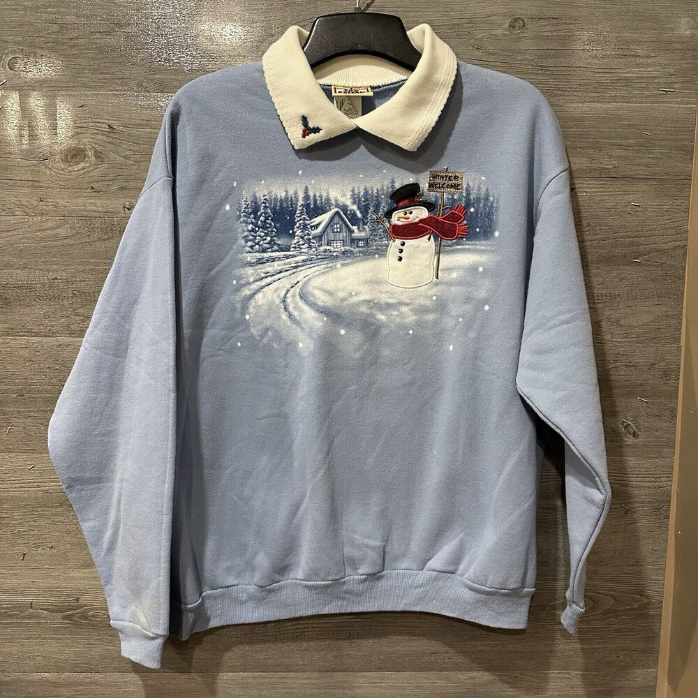 VTG 90s Top Stitch by Morning Sun pullover Snowman Embroidered Plus 2x Winter